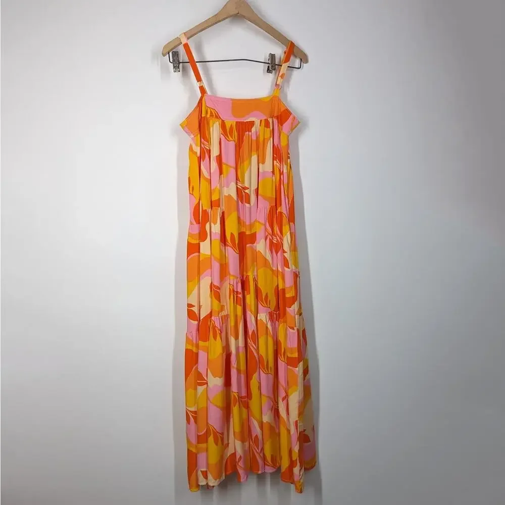 Abel The Label Orange Pink Boho Maxi Dress Trapeze Tiered Oversized XS NWT - Picture 4 of 11